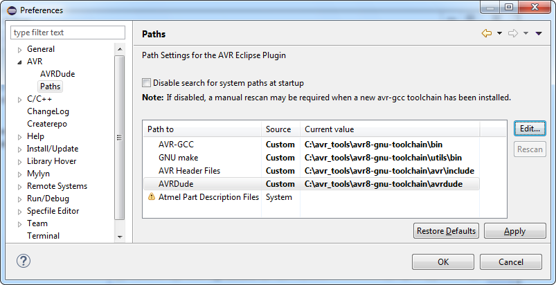 Preferences AVRdude Paths