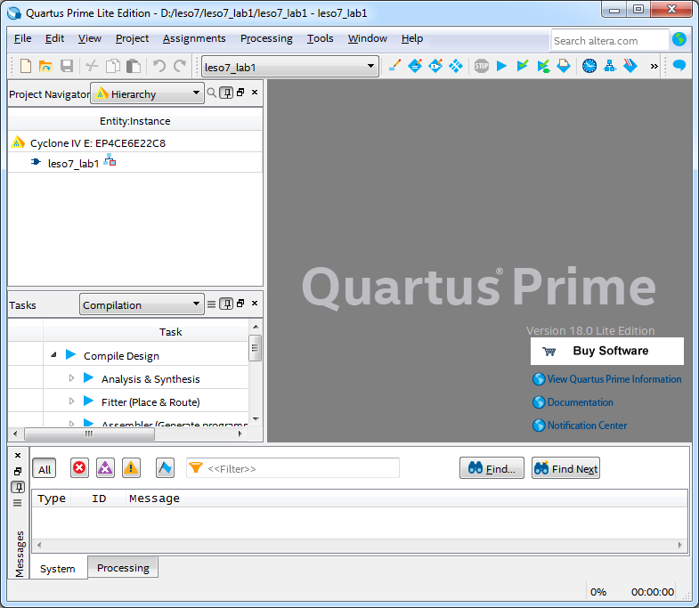 Окно Quartus Prime с созданным проектом