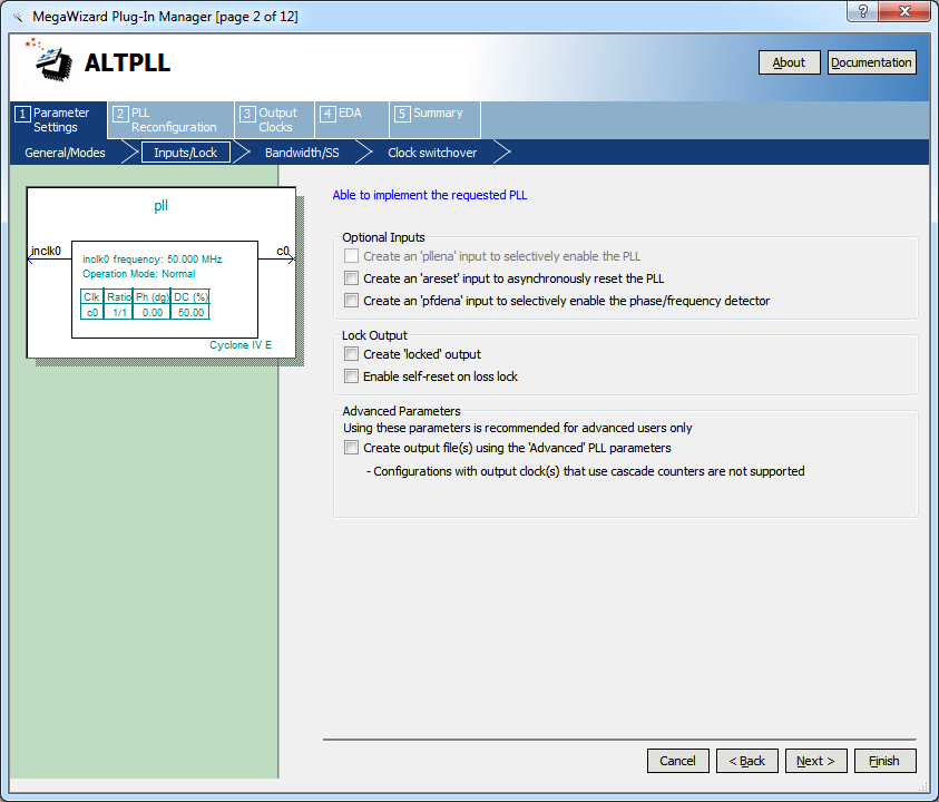 Мастер настройки ALTPLL. Вкладка Parameter Settings Input/Lock