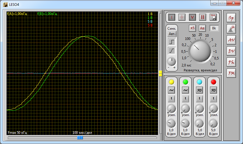 Гармонический сигнал (1 кГц) на входе и выходе фильтра. Желтый трек – вход фильтра, зеленый трек – выход фильтра