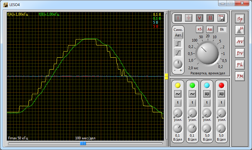 Гармонический сигнал малой амплитуды на входе и выходе фильтра. Желтый трек – вход фильтра, зеленый трек – выход фильтра