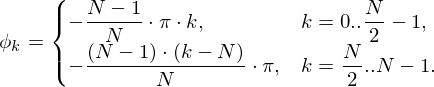 \phi_k = \begin{cases} -\dfrac{N-1}{N}\cdot \pi\cdot k, & \text{} k=0..\dfrac{N}{2}-1,\\  -\dfrac{(N-1)\cdot(k-N)}{N}\cdot \pi, & \text{} k=\dfrac{N}{2}..N-1.\\  \end{cases}